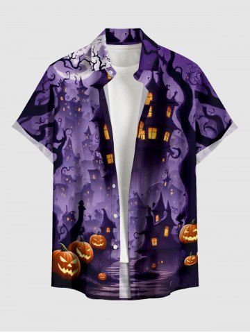 Halloween Pumpkin Castle Moon Print Buttons Pocket Shirt For Men - CONCORD - 5XL