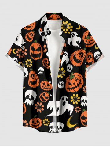 Halloween Pumpkin Skulls Ghost Flower Moon Print Button Pocket Shirt For Men - ORANGE - S
