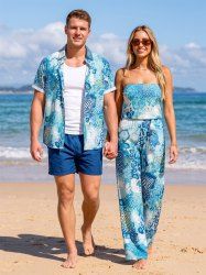 Coral Micro-biological Sea Print Matching Hawaii Beach Outfit For Couples -  