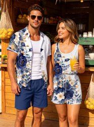 Matching Hawaii Shirt and Romper Beach Outfit Leaf Flower Branch Print For Couples -  