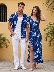 Flower Leaf Branch Print Matching Hawaii Beach Outfit For Couples -  