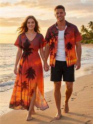 Coconut Tree Ombre Dusk Print Matching Hawaii Beach Outfit For Couples -  