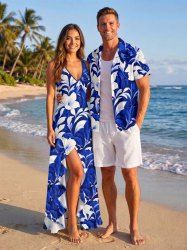 Flowers Leaf Print Matching Hawaii Beach Outfit For Couples -  