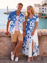 Flowers Skull Colorblock Print Matching Hawaii Beach Outfit For Couples -  