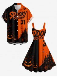 Halloween Pumpkin Bat Castle Tree Colorblock Print Matching Outfit For Couples -  