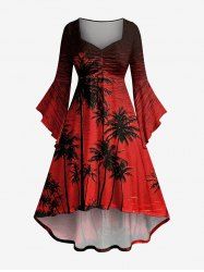 Robe hawaïenne asymétrique à imprimé cocotier et mer, à ourlet haut-bas avec effet ruché - Rouge Vineux 1X