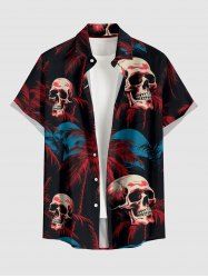 Coconut Tree Skulls Print Hawaii Button Pocket Shirt For Men -  