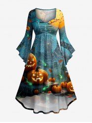 Halloween Pumpkin Spider Web Print Ruched Flare Sleeves High Low Dress -  