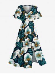 Flowers Tropical Leaf Print Split Hawaii Midi Dress -  