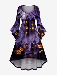 Halloween Pumpkin Castle Moon Print Ruched Flare Sleeves High Low Dress -  