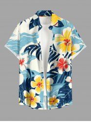 Chemise hawaïenne pour homme à imprimé feuilles tropicales, fleurs et vagues marines, boutonnée avec poche - Bleu clair 5XL