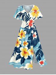 Robe midi ligne A à poches fendues, imprimé hawaïen de feuilles tropicales, fleurs et vagues marines - Bleu clair 1X