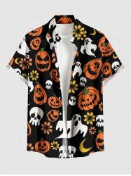 Chemise boutonnée avec poche pour homme, motif Halloween citrouilles, crânes, fantômes, fleurs et lune - Orange M