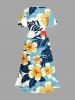 Robe midi ligne A à poches fendues, imprimé hawaïen de feuilles tropicales, fleurs et vagues marines - Bleu clair 1X