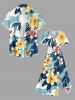 Robe midi ligne A à poches fendues, imprimé hawaïen de feuilles tropicales, fleurs et vagues marines - Bleu clair 1X