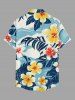 Chemise hawaïenne à boutons avec poche pour homme, imprimé feuilles tropicales, fleurs et vagues marines - Bleu clair 3XL