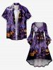Halloween Pumpkin Castle Moon Print Ruched Flare Sleeves High Low Dress -  
