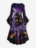 Halloween Pumpkin Castle Moon Print Ruched Flare Sleeves High Low Dress -  