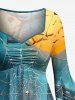 Halloween Pumpkin Spider Web Print Ruched Flare Sleeves High Low Dress -  