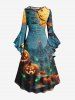 Halloween Pumpkin Spider Web Print Ruched Flare Sleeves High Low Dress -  
