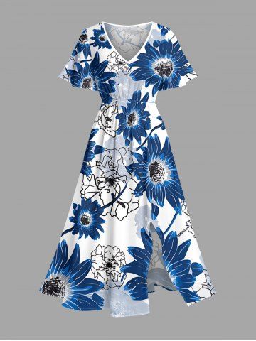 Flowers Leaf Print Split Hawaii Midi Dress - DEEP BLUE - XXS