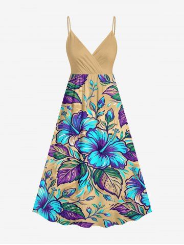 Robe portefeuille hawaïenne à fines bretelles avec imprimé fleurs et feuilles d'hibiscus - TAN - 5X