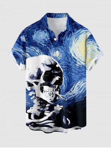 Chemise hawaïenne à boutons avec poche pour homme, imprimé peinture crâne et galaxie - BLUE - M