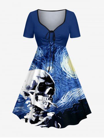 Robe hawaïenne cintrée en A à imprimé peinture crâne galactique - BLUE - S