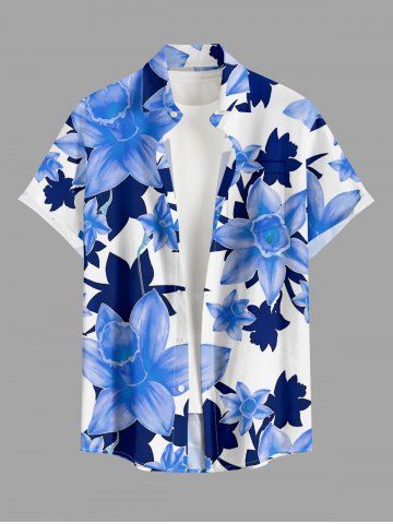 Chemise hawaïenne pour homme à imprimé fleurs et feuilles, avec poche boutonnée - SKY BLUE - XL