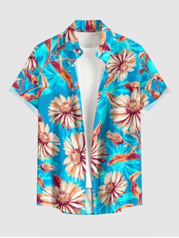 Chemise hawaïenne pour homme à imprimé marguerites et feuilles, avec boutons et poche - TURQUOISE - XL