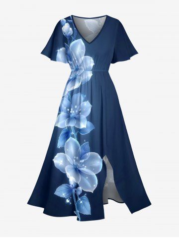 Robe hawaïenne trapèze midi à imprimé dégradé fleurs et feuilles et poche fendue - MIDNIGHT BLUE - L
