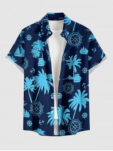Chemise pour homme à imprimé cocotier, ancre et gouvernail, style croisière hawaïenne, avec boutons et poche - DEEP BLUE - 3XL