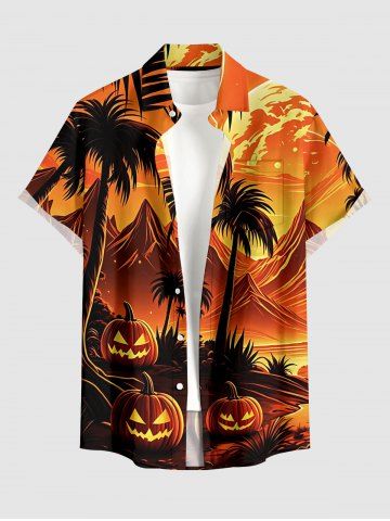 Halloween Pumpkin Coconut Tree Mountain Print Button Pocket Shirt For Men - ORANGE - S