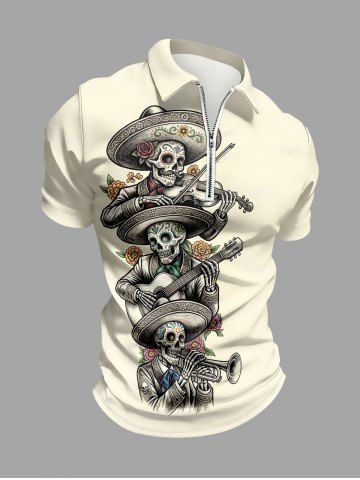 Skulls Performer Flower Print Hawaii Zipper Polo Shirt For Men - BEIGE - L