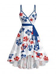 Hibiscus Flowers Leaf Print Ruffles Tulip Hem Surplice Hawaii Beach Cover Dress With Belt -  