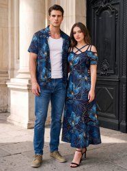 Flowers Leaf Print Matching Hawaii Beach Outfit For Couples -  