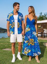 Flowers Leaf Print Matching Hawaii Beach Outfit For Couples -  