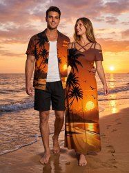 Coconut Tree Bird Sun Seascape Print Matching Hawaii Beach Outfit For Couples -  