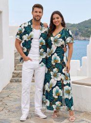 Flowers Tropical Leaf Print Matching Hawaii Beach Outfit For Couples -  