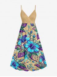 Hibiscus Flower Leaf Print Surplice Hawaii Cami Dress -  
