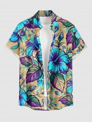 Hibiscus Flower Leaf Print Buttons Pocket Hawaii Shirt For Men -  