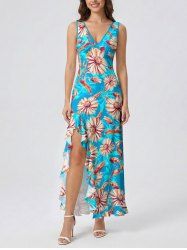 Daisy Flower Leaf Print Hawaii Ruffles Split Surplice Dress -  