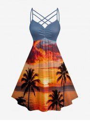 Coconut Tree Seascape Cloud Print Ruched Lattice Crisscross Straps Hawaii Dress -  
