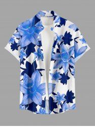 Flower Leaf Print Hawaii Button Pocket Shirt For Men -  