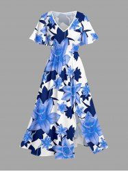 Flower Leaf Print Hawaii Split Pocket A Line Midi Dress -  