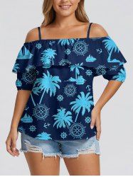Blouse à épaules dénudées et volants, à imprimé cocotier, ancre et gouvernail, pour croisière hawaïenne. - Bleu profond 4XL