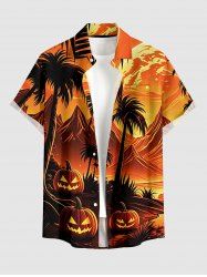 Chemise à boutons et poche pour homme avec imprimé citrouille d'Halloween, cocotier et montagne - Orange 6XL