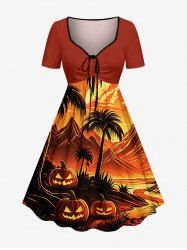 Robe trapèze ceinturée à imprimé Halloween, citrouille, cocotier et montagne - Orange 6X