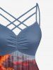 Coconut Tree Seascape Cloud Print Ruched Lattice Crisscross Straps Hawaii Dress -  