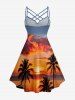 Coconut Tree Seascape Cloud Print Ruched Lattice Crisscross Straps Hawaii Dress -  